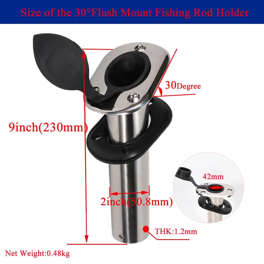 2PCS Flush Mount Fishing Rod Holder Stainless Steel, 30 Degree