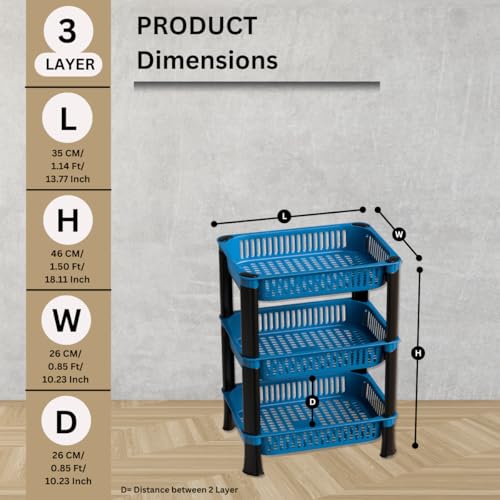 Image of Multipurpose Foldable Plastic Storage Rack Basket Stand for Home, Office and Kitchen (Blue, 3 Layer)