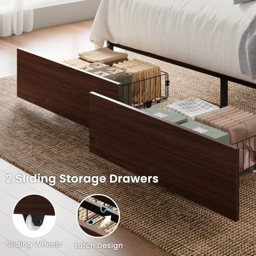 Image of LIKIMIO Queen Bed Frame with Storage & 4 Drawers & 2 Nightstands Walnut | Slide Out Bedside Nightstands, Storage Shelf, Charging Station, No Box Spring Needed, Easy Assembly, Mid-Century Modern