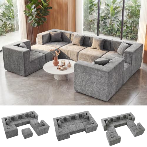 Image of MONVANE Oversized Boneless Sectional Couches for Living Room, 8-Seat Cloud Couch, Modular Sofa with Ottoman & 8 Throw Pillows, Comfy Chenille, No Assembly Required, Light Gray