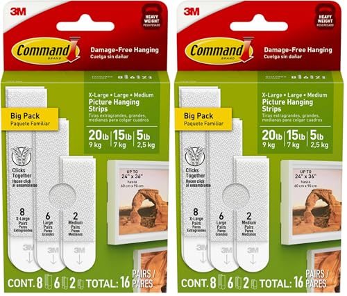 Image of Command Picture Hanging Strips Variety Pack, Damage-Free Picture Hangers, No Tools Wall Hanging Strips White, 2 Medium, 6 Large and 8 X-Large Pairs, (Pack of 2)