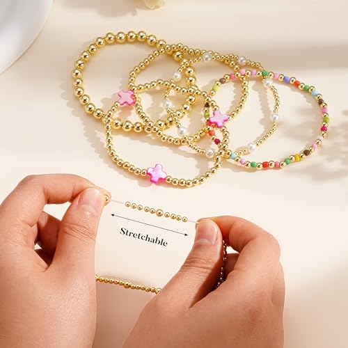 M MOOHAM Beaded Bracelets for Women Girls, 14K Gold Plated Bracelet Stack - image 5