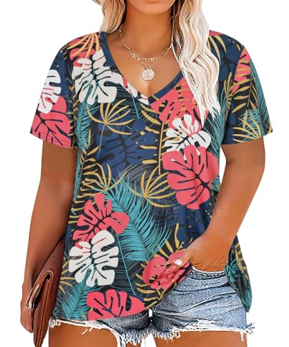 Image of RITERA Women Plus Size Tops Tie Dye V Neck Shirt Floral Camo Summer Short Sleeve Tunic Oversized Ladies Blouse XL-5XL
