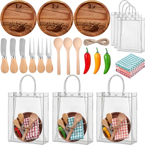 Ferrochef Set of 3 Chili Cook Off Trophies Chili Cook Off Prizes 1st 2nd 3rd Wooden Cutting Board Fake Peppers Knives Fork Spoon Plaid Towel Gift Bags Competition Gifts for Festivals
