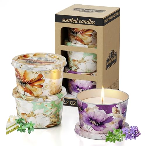 3 Pack Scented Candles-Lavender & Thyme Vanilla Cake Jasmine & Musk & Sandalwood Travel Tin Candle Set 2.2oz Each 8-10h Burn Time Soy Wax Cotton Wick