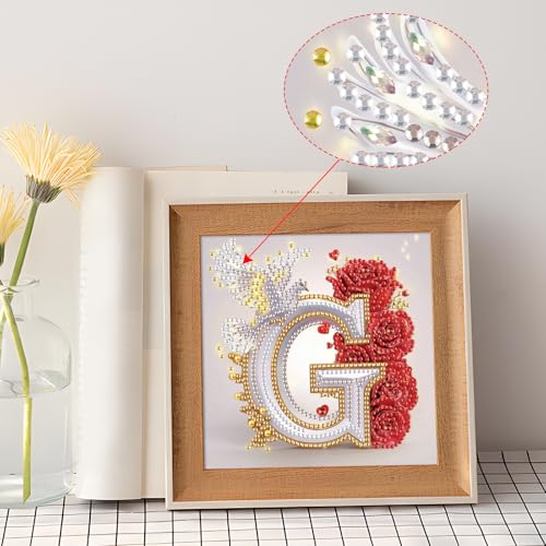 Image of AiYuanzsh 5D Diamond Art Kits for Adults Letter G, Golden Alphabet Rose & Dove Special Shape Diamond Painting, Floral Diamond Art for DIY Crystal Rhinestones Home Wall Decoration 17x17cm