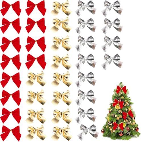 Lazos Navidad,Arco de Navidad,36Pcs Lazos Arbol Navidad,Lazos Regalo,Lazo Purpurina,Decoracion Arbol Navidad,Adornos Navidad,Arco de Navidad,Adornos Navideños Decoración Regalos Casa,Rojo,Plata,Dorado