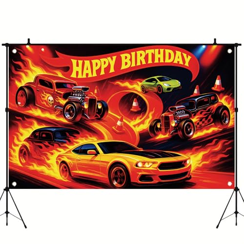 Image of Racing Car Birthday Backdrop Banner - High-Speed Fire & Speed Themed Party Decoration, Sleek Racing Cars Photo Booth Background, 71x43 Inch for Birthday Celebrations