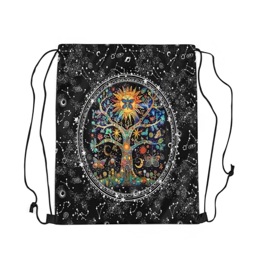Feelyou Boho Exotic Tree Gym String Bag Bohemian Life Tree Drawstring Backpack Sun Moon Drawstring Bags for Women Men Galaxy Astrology Space Waterproof Cinch Bag Size2