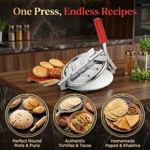 Image of Heavy-Duty Stainless Steel Roti /Tortilla Press with Handle - Manual Flatbread Maker for Chapati, Paratha, Puri & More - 6.50-Inch Plate, Easy to Use & Clean (Random Color & Random Design)
