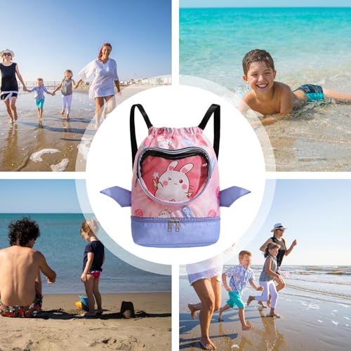 Swim Bag for Kids Wet Dry, Dry Wet Separated Sackpack Swim Backpack, Gym Backpacks with Shoe Compartments for Children Boy, Pink, Refer to description3