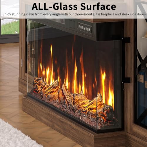 Image of BREEZEHEAT Fireplace TV Stand for TVs up to 70 inch, 3-Sided Electric Entertainment Center with 24 inch LED Fireplace, Media Console w /Storage Cabinet & Glass Doors, 59Inch, Walnut