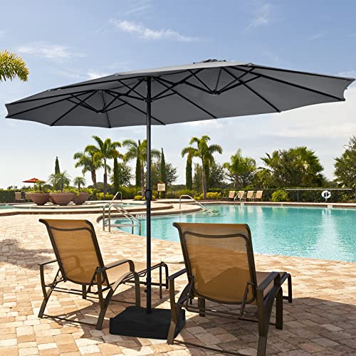 Image of Tangkula 15FT Double-Sided Patio Umbrella with Base, Extra-Large Market Umbrella W /Crank System, Outdoor Twin Umbrella W / 12-Rib Metal Structure & Air Vents for Garden, Backyard, Poolside (Gray)