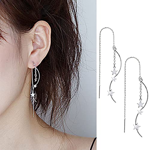 4 Pcs Star Chain Tassel Threader Earrings for Women Silver Lightweight Star Beaded Curved Ear Line Wave Dangle Drop Earrings Minimalist Charm Long Threader Earrings Set3