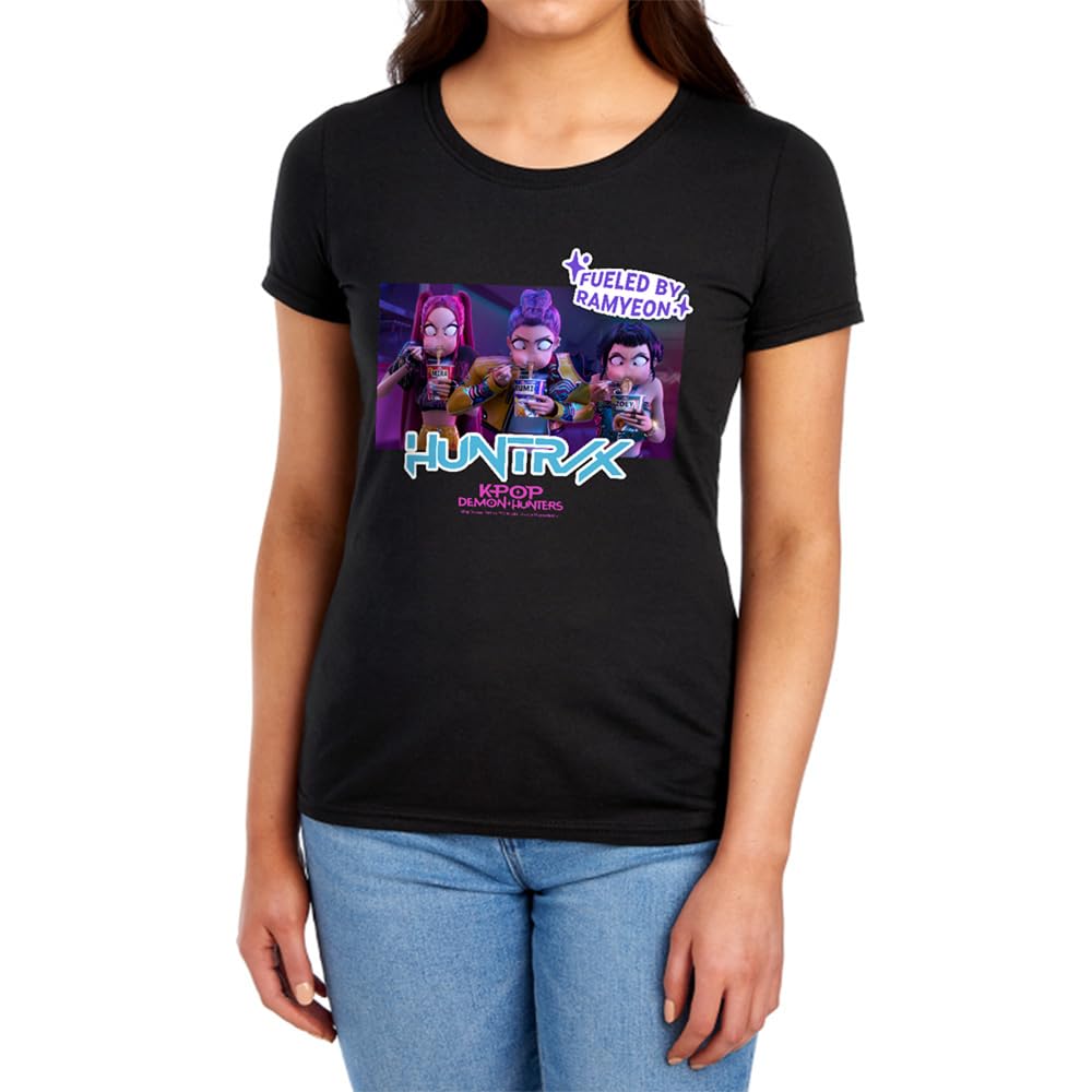 Kpop Demon Hunters Huntrix Eating Ramyeon Womens T Shirt, Black, XL