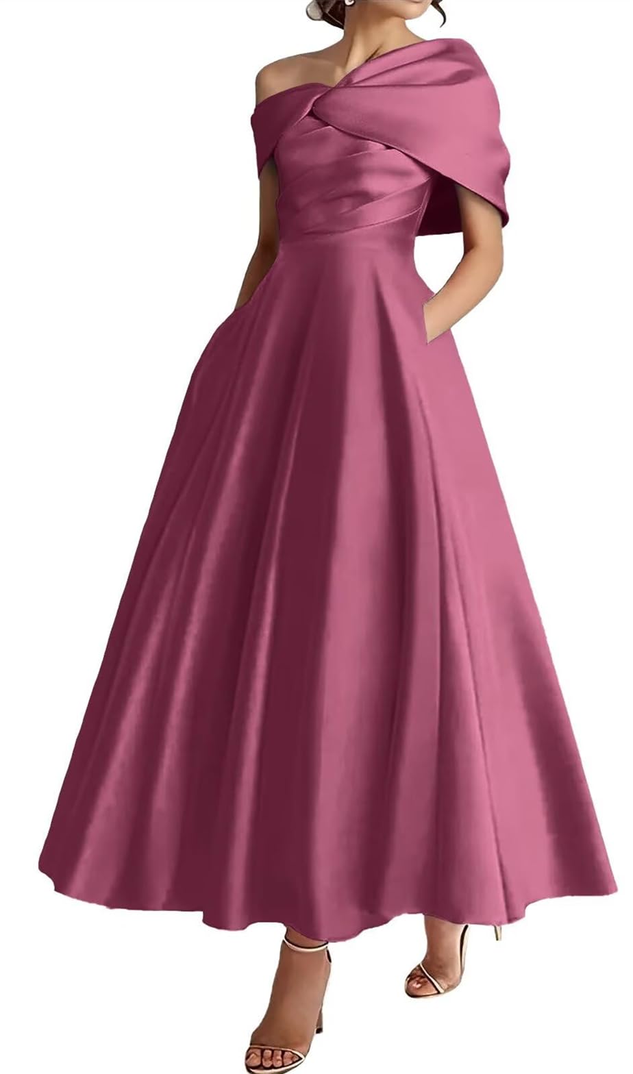 Wseyu Women's Desert Rose One Shoulder Mother Of The Bride Dresses With Pockets Satin Formal Evening Prom Gown Tea Length Zmki328 Uk18