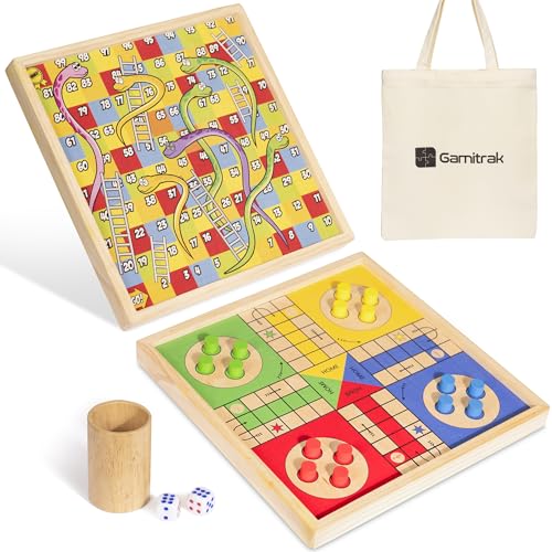 12 Inch Wooden Ludo Board Game & Snakes and Ladders 2-in-1 Reversible Classic Board Game for Adults, Includes 1 Parcheesi Board, 2 Dice, 1 Cup, 16...