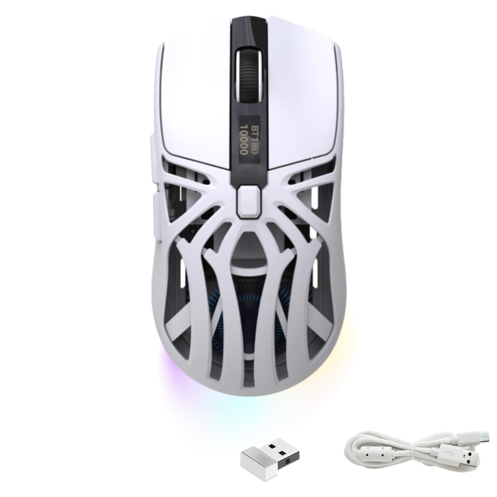 Ratón Gaming Inalámbrico Tri-Modo 2.4G/BT5.3/Cable, Luz Intermitente de 7 Colores 10000DPI Programable, Recargable Batería 500mAh, Ligero 75g para PC Portátil Mac