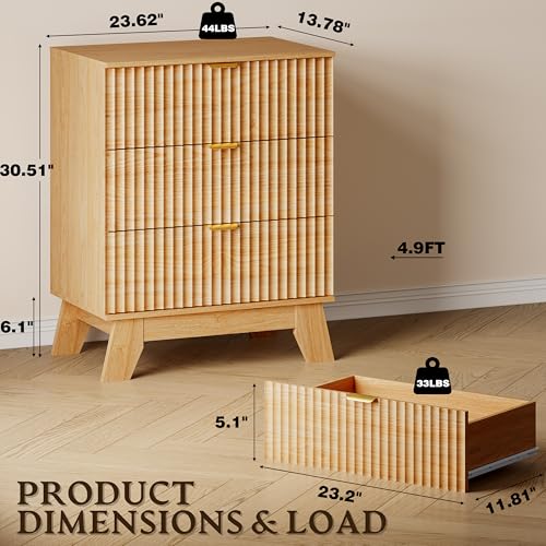 Image of BORNOON Fluted 3 Drawer Dresser, 30.3 inch Tall Compact Modern Boho Chest of Drawers, Wooden Storage Cabinet for Bedroom, Living Room, Entryway, Curved Profile Design
