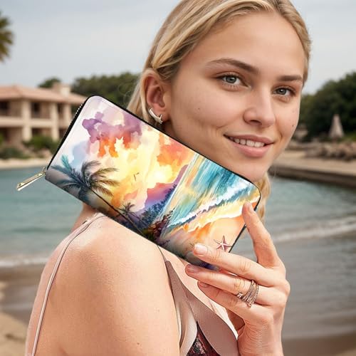 Image of RFID Blocking Leather Wallet for Women - Large Capacity Zip Around Clutch with 8 Card Slots,31 Cash Pockets & Coin Zipper,Sunset Beach