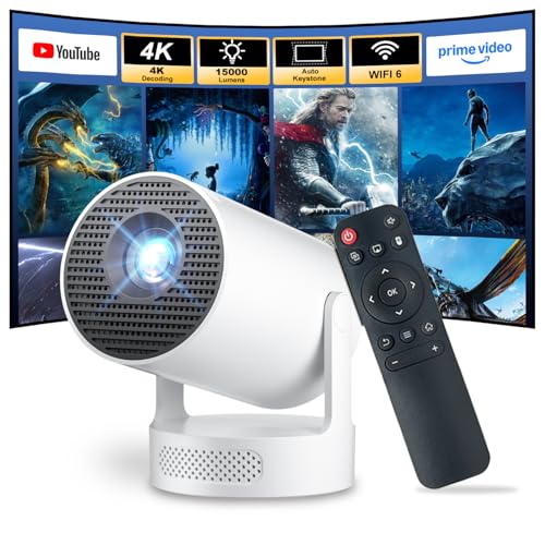 Home 4K Projector Android - 2026 Upgraded Wi-Fi 6 Bluetooth 5.4 Projector 1080P HD Image Quality 4K Decoding High Brightness Auto Keystone 270 Rotation Portable Projector for Outdoor/Indoor