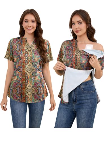 Chemo Shirts for Port Access Women Tear Away Side Snap Post Surgery Short Sleeve Adaptive Top Tees-Bohemian - 2XL