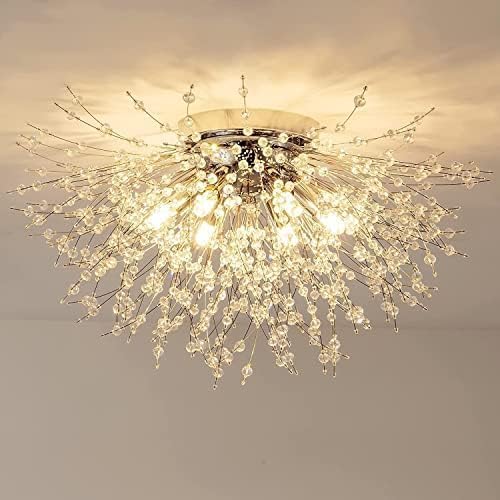 Plafonnier en cristal moderne, 6 lumières G9 LED, plafonnier encastré pour feu d&rsquo;artifice, adapté pour chambre à coucher, salon, cuisine, salle à manger, argent, 6 lumières, Enchanting12