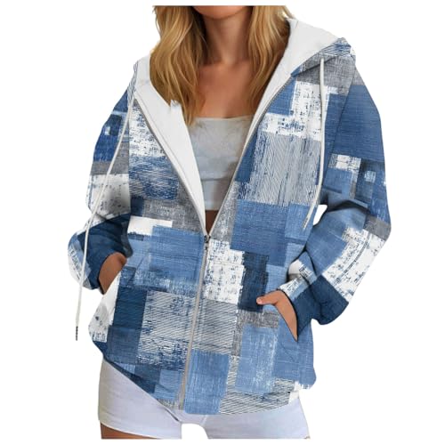 Générique Sweatshirt Femme à Capuche avec Zippée，Veste à Capuche Fourrée Blouson Doublé，Sweat Décontracté Imprimé Carreaux en Polaire ，Manteau...
