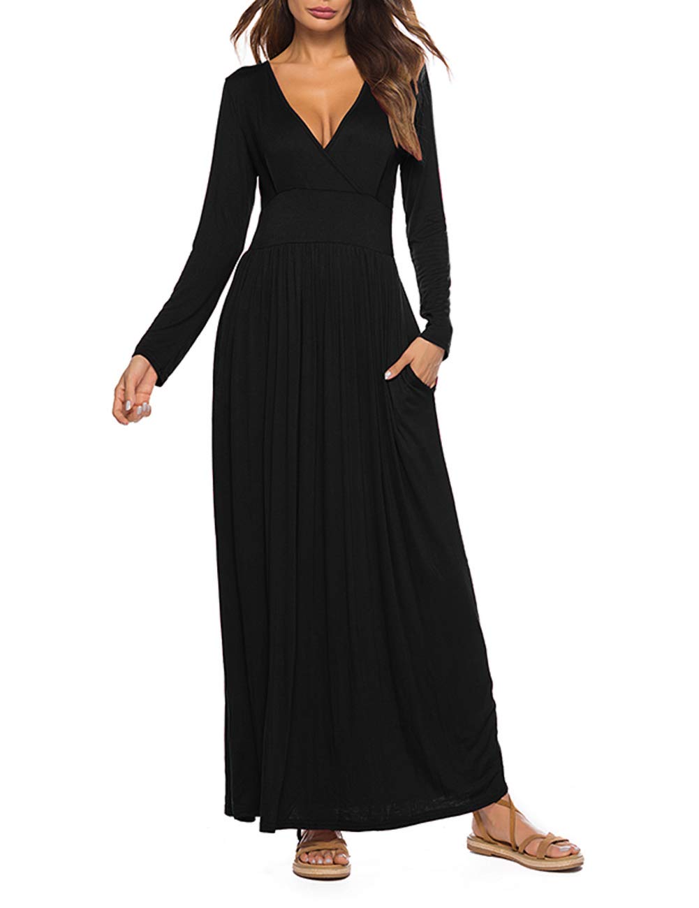 Women's Maxi Dress Long Sleeve V Neck Wap Waist Casual Loose Dress with Pockets, Black, Size L