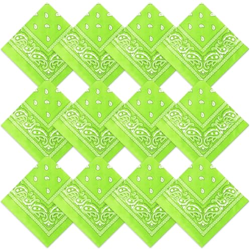 Suhine 12 Pcs Bandanas Bulk for Women Men 22 x 22 Inch Paisley Headband Cowboy Handkerchief Summer Beach Party Costume(Fluorescent Green)