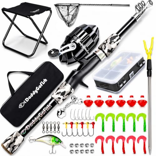 DaddyGoFish Kids Fishing Pole - Rod Reel Combo Tackle Box Starter Set - First Year Small Dock Gear Kit for Boys Girls Toddler Youth Age Beginner Little Children Junior Anglers (Black, 4ft)