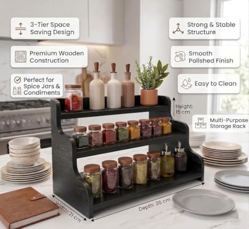 Image of 3-Tier Spice Rack, 13.8 Inch Wood Spice Bottles, Jars, Seasonings, Baking Supplies, Shelf Countertop Spice Storage Holder, Kitchen Pantry Cabinet Organizer Cupboard (BLACK)