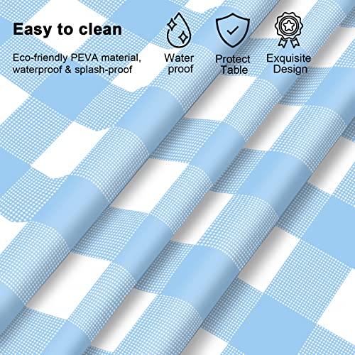 Image of 12 Pcs Light Blue Checkered Tablecloth 54 x108 Inches Rectangle Blue Gingham Tablecloth Disposable Plastic Waterproof Table Cover for Outdoor Picnic, Kitchen, Holiday Birthday Party