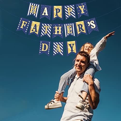 Image of Happy Father's Day Gold Banner Bunting Banner for Dad Father's Party Decorations Backdrop Garland for Father's Day (blue gold)
