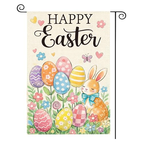 Happy Easter Garden Flag 12x18 Inch Double Sided Outside Floral Bunny Rabbit Wreath Yard Outdoor Flag Easter Decorative Flag for Outdoor Patio Lawn Porch Holiday Decoration(Happy Easter Eggs)