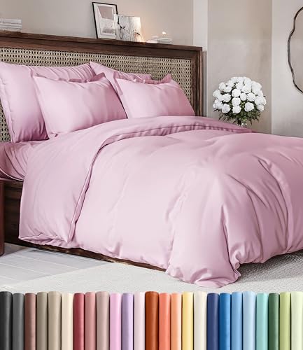 Image of Duvet Cover Full Size Set - Extra Soft Full Duvet Cover 80 inch x 90 inch with 2 Pillow Shams for Women, Men, Kids & Teens - Hotel Luxury, Easy-Care w / Zipper Closures & Ties - Comfy & Breathable (Light Pink)
