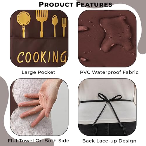 Image of Kraptick Kitchen Apron - Comfortable Cooking Waterproof Apron for Men and Women With Pocket and Side Coral Velvet for Wiping