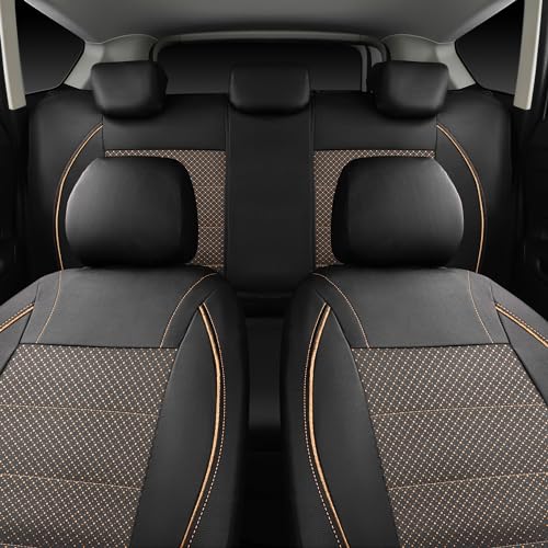 Image of CAR PASS Piping PU Leather Car Seat Cover Full Set,Inside Zipper Design and Reserved Opening Holes,Airbag Compatible,Universal FIT for Car, SUVs,Van,Small Trucks(Full Set, Black & Gold)