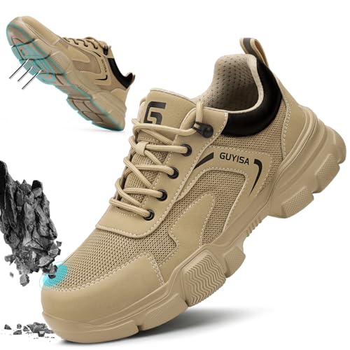 Gsutenmre Steel Toe Shoes for Men Lightweight Work Shoes Men Puncture Resistant Safety Footwear Industrial Shoe Comfortable for Construction Warehouse Jobs Khaki