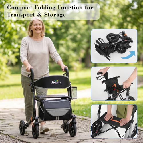 Image of Aojin Rollator Walker for Seniors, Lightweight Foldable All Terrain Rolling Walker with seat, Aluminum Walkers with 8 inch Rubber Wheels (Gray)