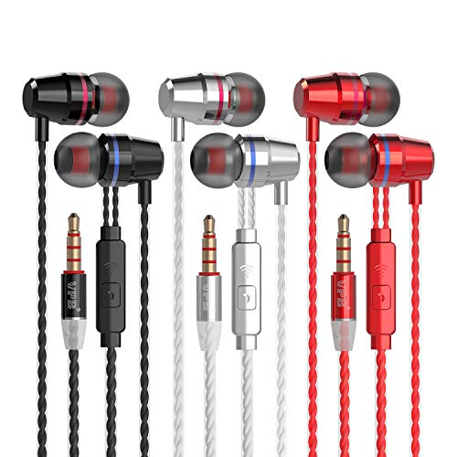 VPB V1 Headphones with Remote & Microphone, in Ear Earphone Stereo Sound Noise Isolating Tangle Free for iOS and Android Smartphones, Laptops, Gaming (3 Pairs of Colours)