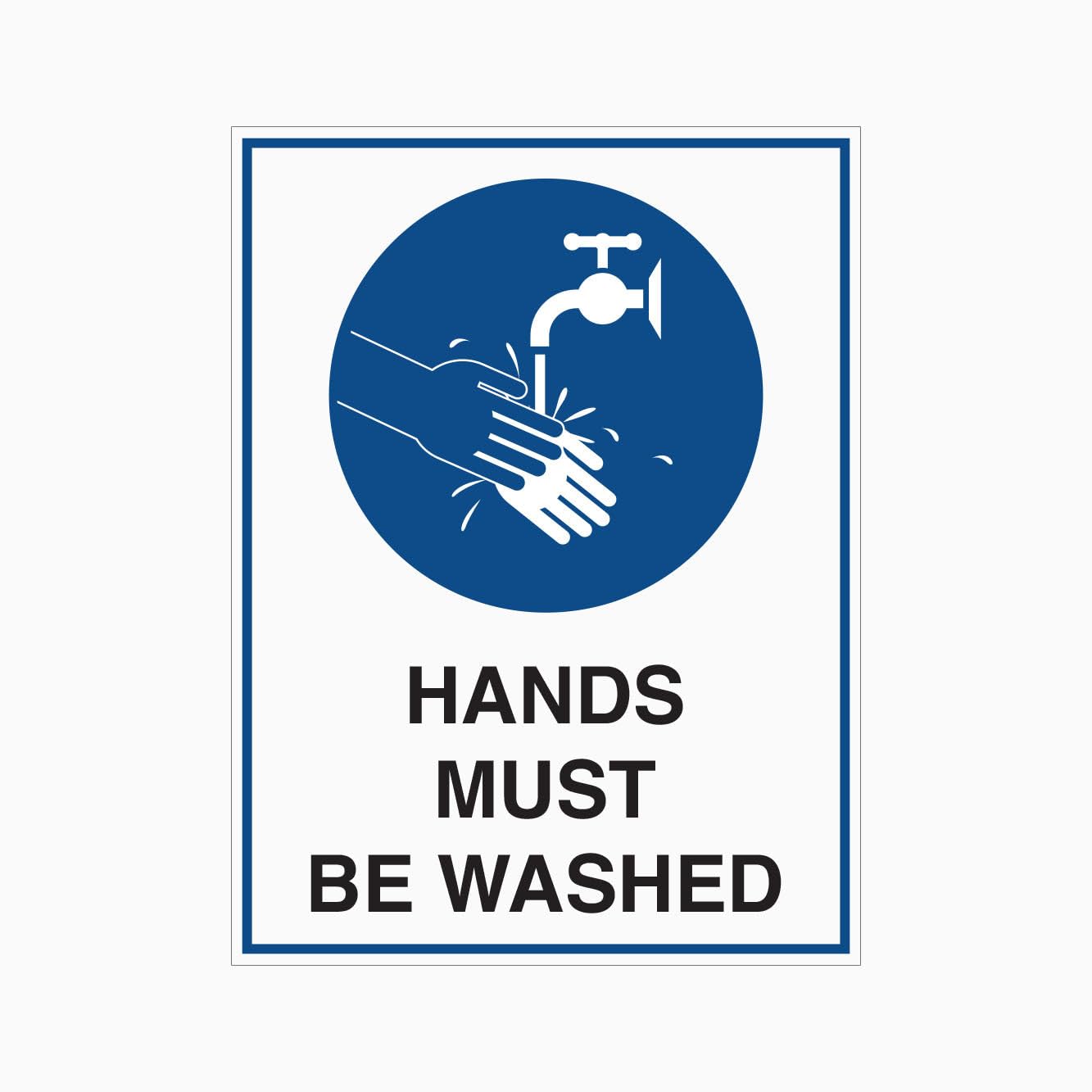 HANDS MUST BE WASHED Sign, 12x8 Metal Tin Sign, mandatory hygiene reminder for restrooms and work areas.