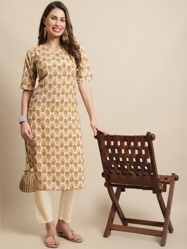 Pinkmint Kurta Set For Women Cotton Printed Knee Length Straight Round Neck Kurti With Pant (Pack Of 1)