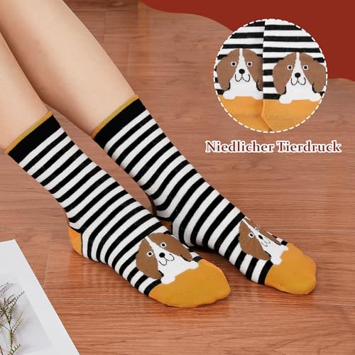 Niorasen Bunte Lustige Socken Damen aus Baumwolle 5 Paar, Neuheit Weihnachtssocken Katzensocken Motivsocken, Witzige Coole Süße Karikatur Tier Motiv Socken Geschenk für Frauen, Gestreifter Hund