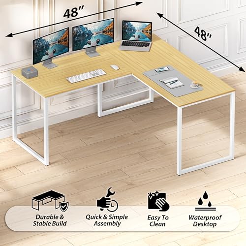 Image of SHW Mission 48 x 48 Inches L-Shape Home Office Computer Desk, Oak