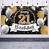 Nelbiirth Happy 21st Birthday Decorations,21st Black & Gold Balloon Large Birthday Banner Backdrop Sign - Cheers to 21 Years Old Bday Party Decoration.