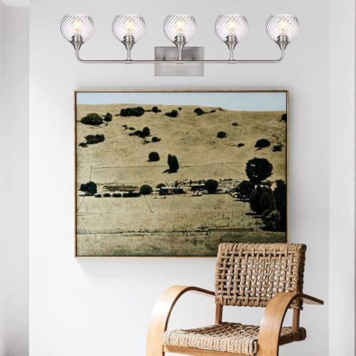 Image of MELUCEE 5-Light Bathroom Lights Over Mirror in Brushed Nickel Finish, Modern Vanity Lights with Clear Striped Swirl Glass Shade Indoor Metal Wall Light Fixtures for Kitchen Powder Room Foyer