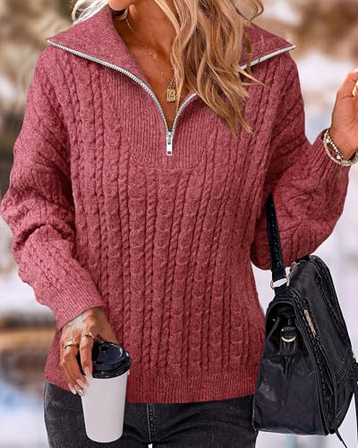Image of Vivilli Women's Quarter Zip Cable Knit Oversized Sweaters Long Sleeve V Neck Pullover Sweaters 2024 Fall Winter Fashion