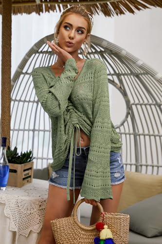 Image of Saodimallsu Womens Boho Off Shoulder Sheer Crop Tops Bell Sleeve Flowy Oversized Crochet Ruched Pullover Sweaters