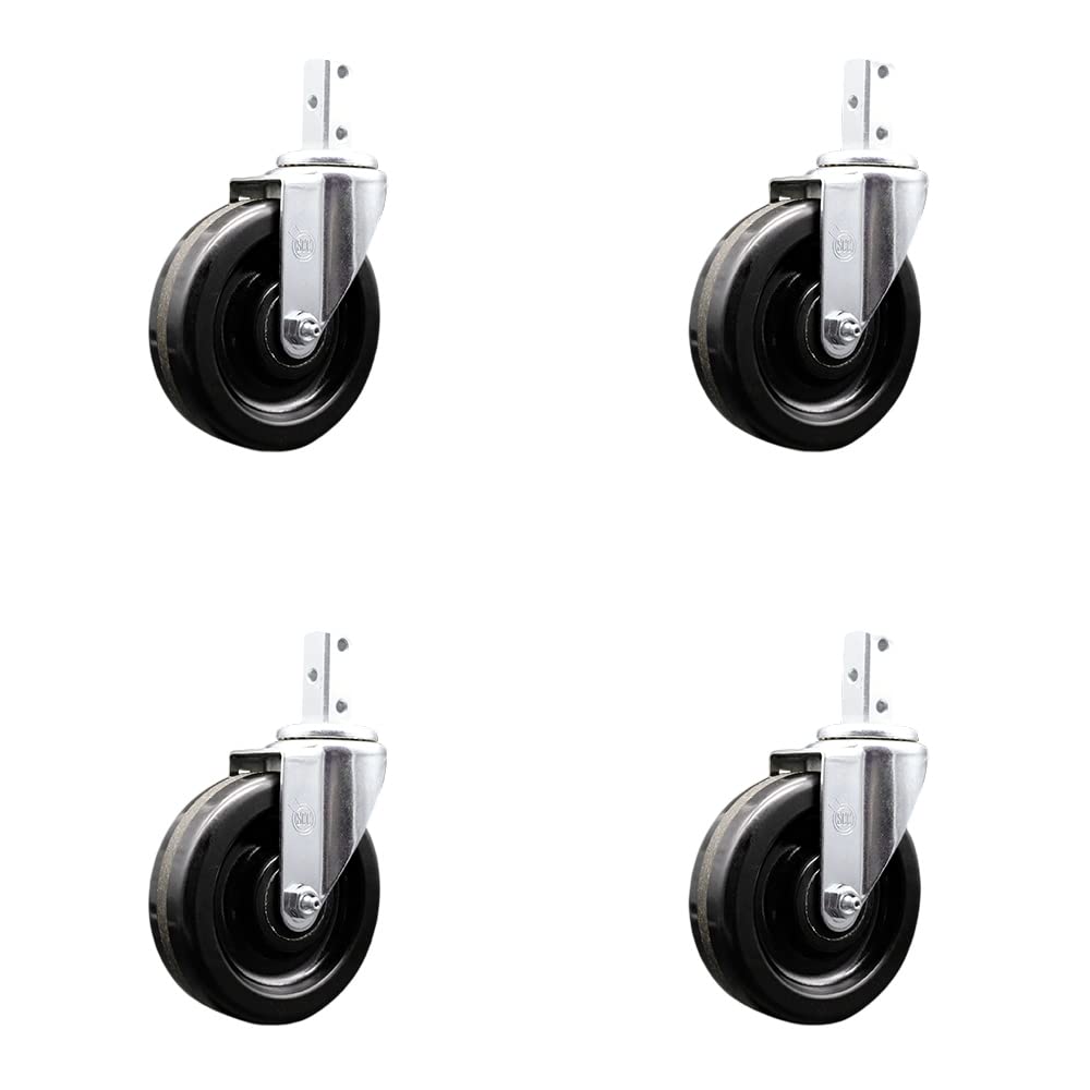 Swivel Square Stem Caster Set 4 w/5” x 1.25” Black Phenolic Wheel - 7/8” x 2” Square Stem with (3) 17/64” Diameter Mounting Holes - Includes 4 Swivel - 1200 lbs. Cpty/Caster - Service Caster Brand